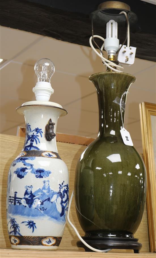 A blue and white Chinese vase converted to a lamp and another green vase / lamp